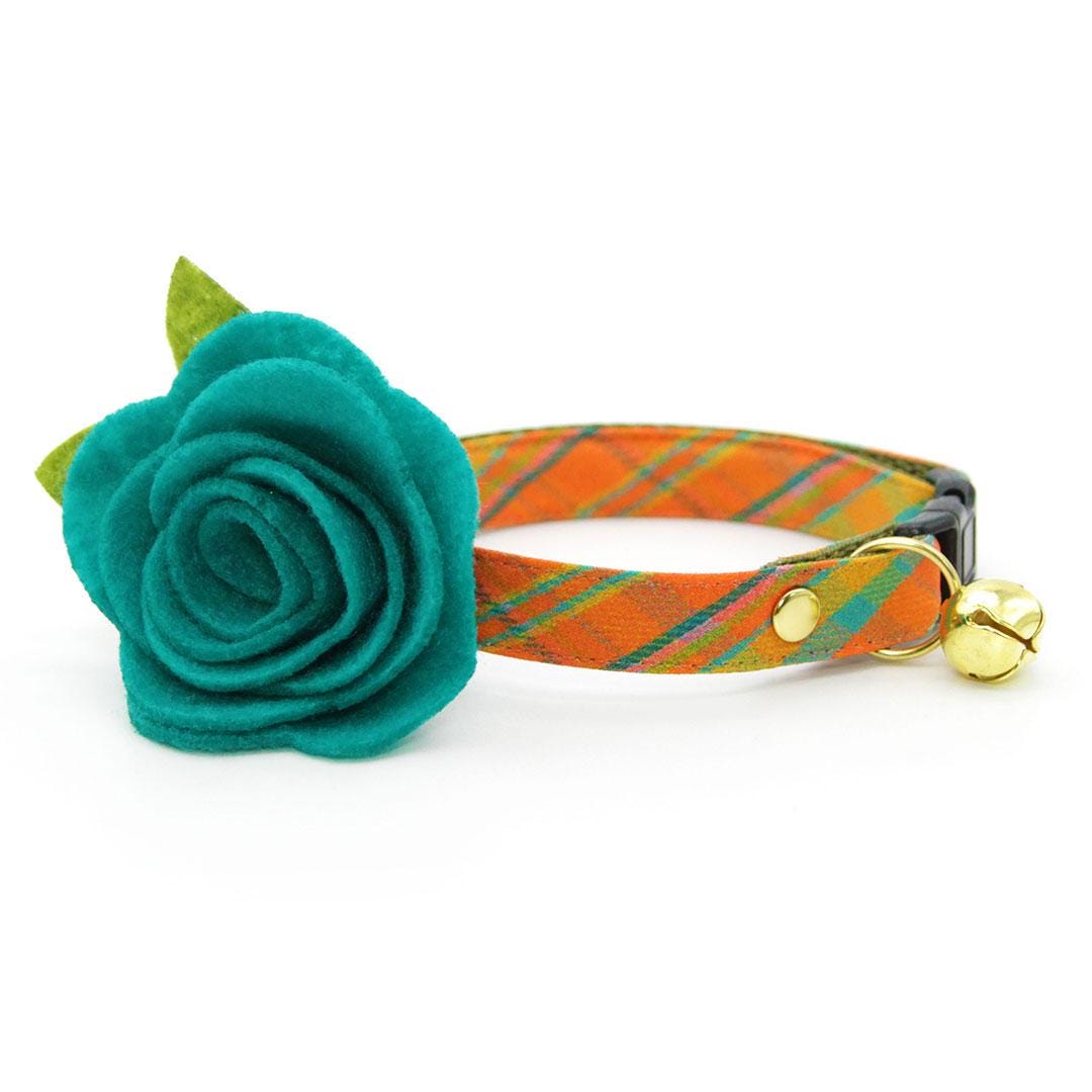 Cat Collar + Flower Set - "Canyon Sunset" - Southwestern Orange Plaid Cat Collar w/ Teal Felt Flower (Detachable) / Cat, Kitten + Small Dog Sizes
