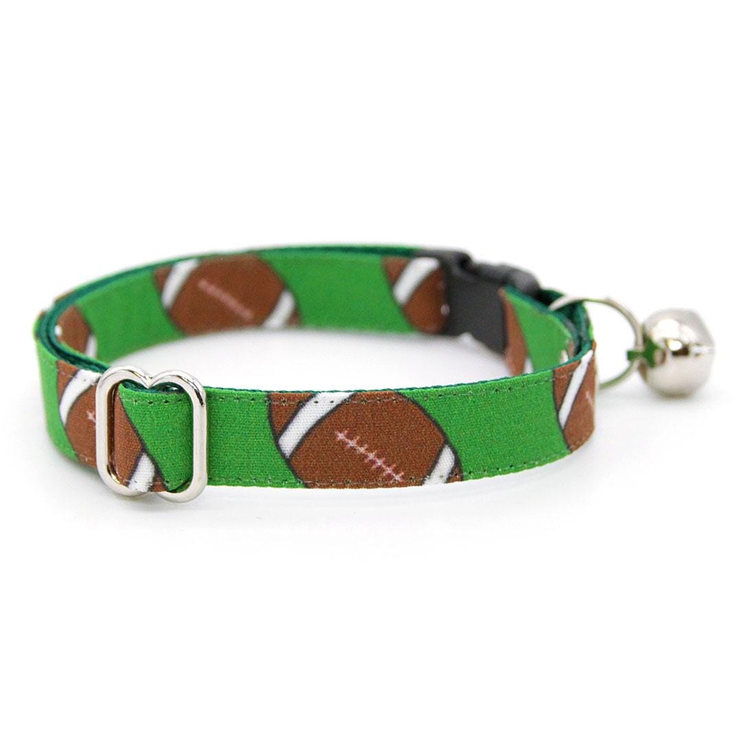 Cat Collar + Flower Set - "Football" - Sporty Green Football Cat Collar w/ Clover Green (Detachable) / Cat, Kitten + Small Dog Sizes
