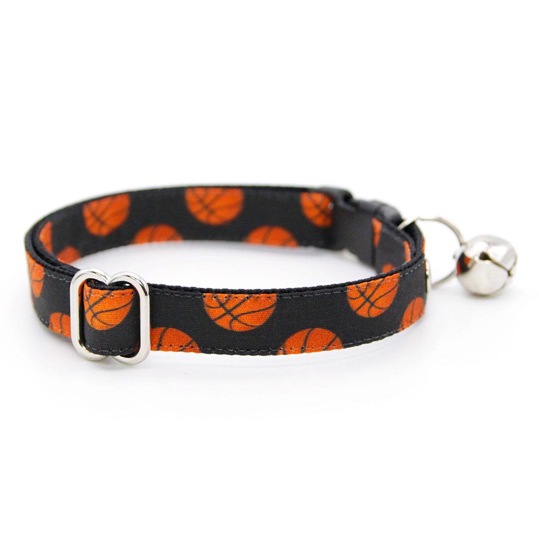 Cat Collar + Flower Set - "Basketball" - Sporty Black Orange Basketball Cat Collar w/ Orange Felt Flower (Detachable) / Cat, Kitten + Small Dog Sizes