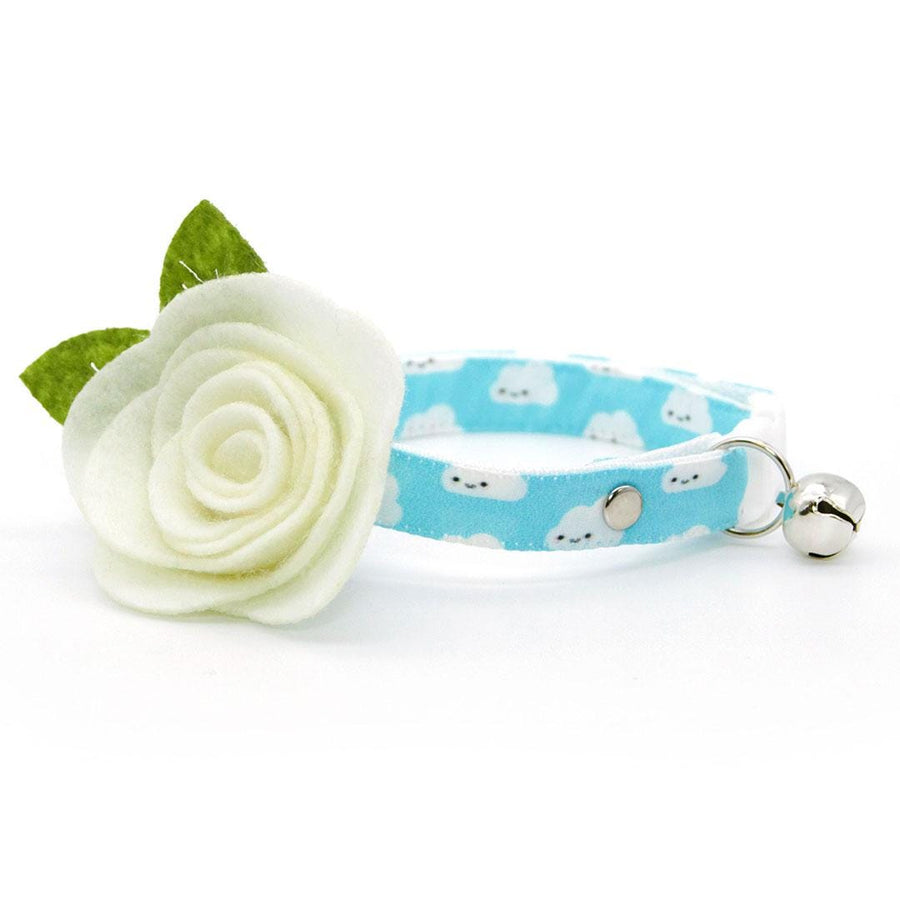 Cat Collar + Flower Set - "Happy Clouds" - Kawaii Blue Cloud Cat Collar w/ Ivory Felt Flower (Detachable) / Cat, Kitten + Small Dog Sizes