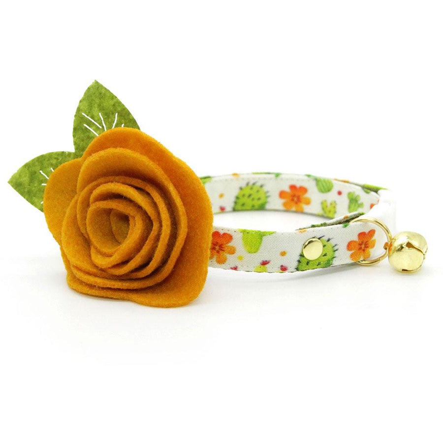 Cat Collar + Flower Set - "Desert Dreams" - Cactus Cat Collar w/ Mustard Felt Flower (Detachable) / Cat, Kitten + Small Dog Sizes