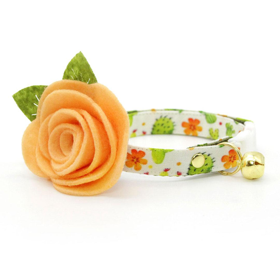 Cat Collar + Flower Set - "Desert Dreams" - Cactus Cat Collar w/ Peach Felt Flower (Detachable) / Cat, Kitten + Small Dog Sizes