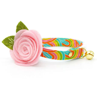 Cat Collar + Flower Set - "Groovy Rainbow" - Psychedelic 60s 70s Retro Cat Collar w/ Baby Pink Felt Flower (Detachable) / Cat, Kitten + Small Dog Sizes - Adult Cat (8-13) / Breakaway / Gold