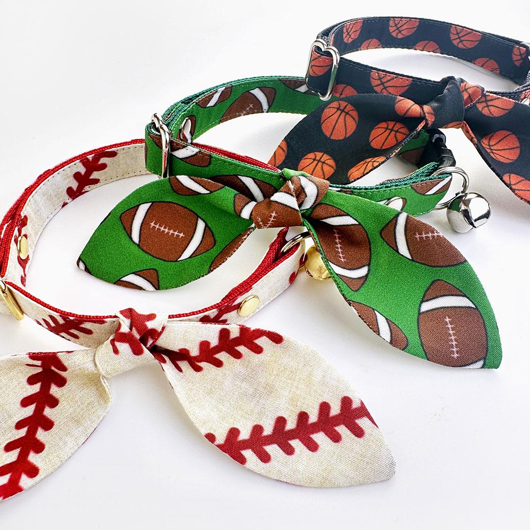 Cat Collar & Bunny Ear Bow Set - "Baseball" - Sports Red & White Baseball Cat Collar w/ Matching Bunny Bow Tie / Tie-On Scarf / Cat, Kitten + Small Dog Sizes