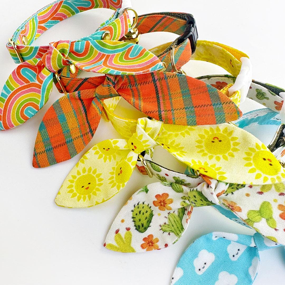 Cat Collar & Bunny Ear Bow Set - "Canyon Sunset" - Orange, Pink & Teal Plaid Cat Collar w/ Matching Bunny Bow Tie / Tie-On Scarf / Cat, Kitten + Small Dog Sizes