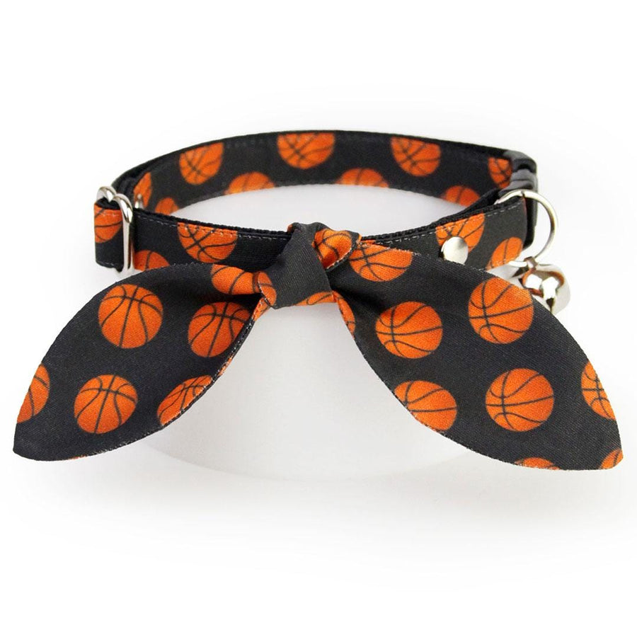 Cat Collar & Bunny Ear Bow Set - "Basketball" - Sports Orange & Black Basketball Cat Collar w/ Matching Bunny Bow Tie / Tie-On Scarf / Cat, Kitten + Small Dog Sizes