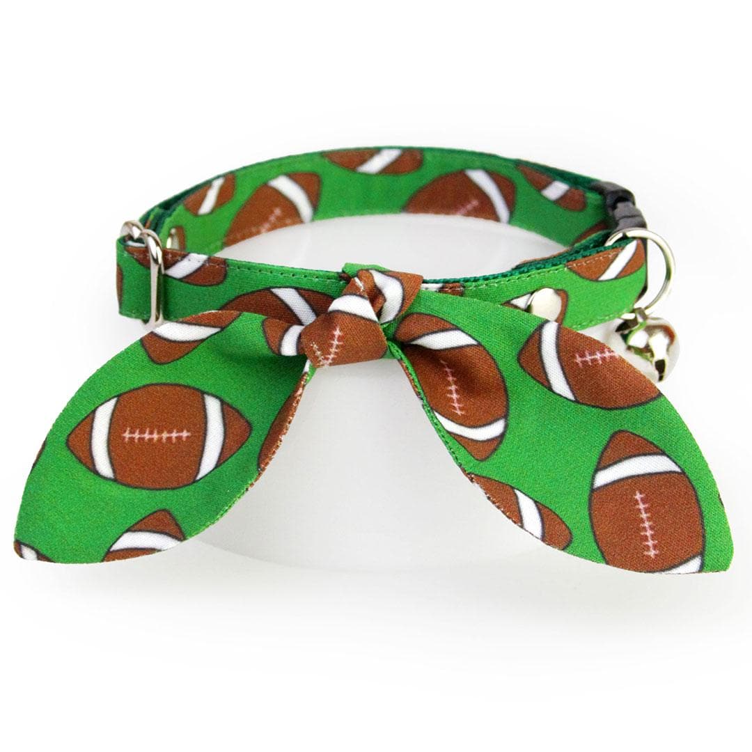 Cat Collar & Bunny Ear Bow Set - "Football" - Sports Green Football Cat Collar w/ Matching Bunny Bow Tie / Tie-On Scarf / Cat, Kitten + Small Dog Sizes