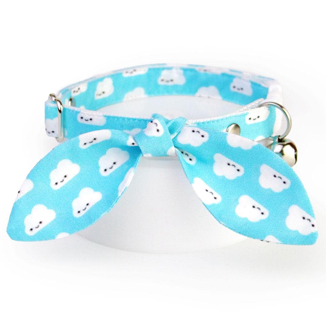 Cat Collar & Bunny Ear Bow Set - "Happy Clouds" - Kawaii Sky Blue Smiling Cloud Cat Collar w/ Matching Bunny Bow Tie / Tie-On Scarf / Cat, Kitten + Small Dog Sizes