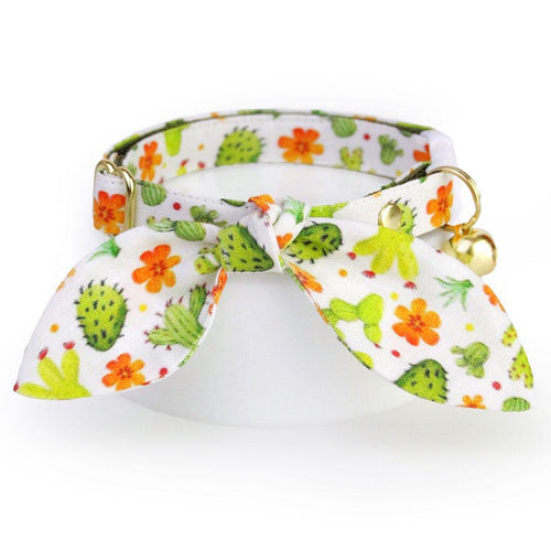 Cat Collar & Bunny Ear Bow Set - "Desert Dreams" - Green Cactus Cat Collar w/ Matching Bunny Bow Tie / Southwestern, Succulent, Plant / Tie-On Scarf / Cat, Kitten + Small Dog Sizes
