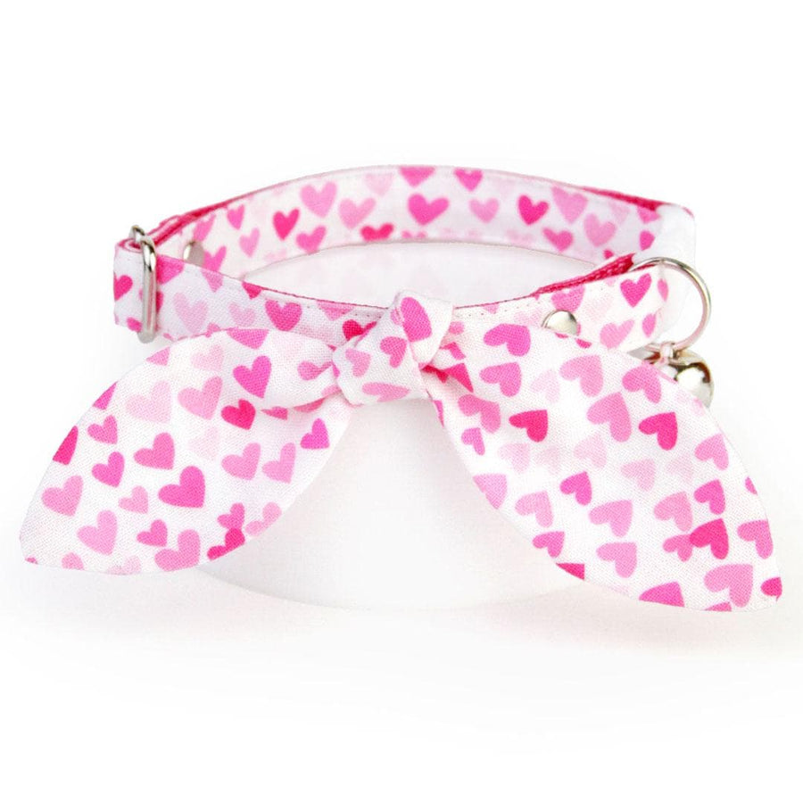 Cat Collar & Bunny Ear Bow Set - "Darling" - Cute Pink Heart Cat Collar w/ Matching Bunny Bow Tie / Tie-On Scarf / Cat, Kitten + Small Dog Sizes