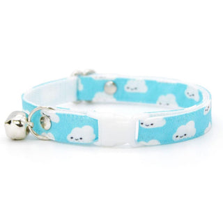 Cat Collar - "Happy Clouds" - Kawaii Sky Blue Cloud Cat Collar / Breakaway Buckle or Non-Breakaway / Cat, Kitten + Small Dog Sizes - Kitten (6-10) / Breakaway / Silver