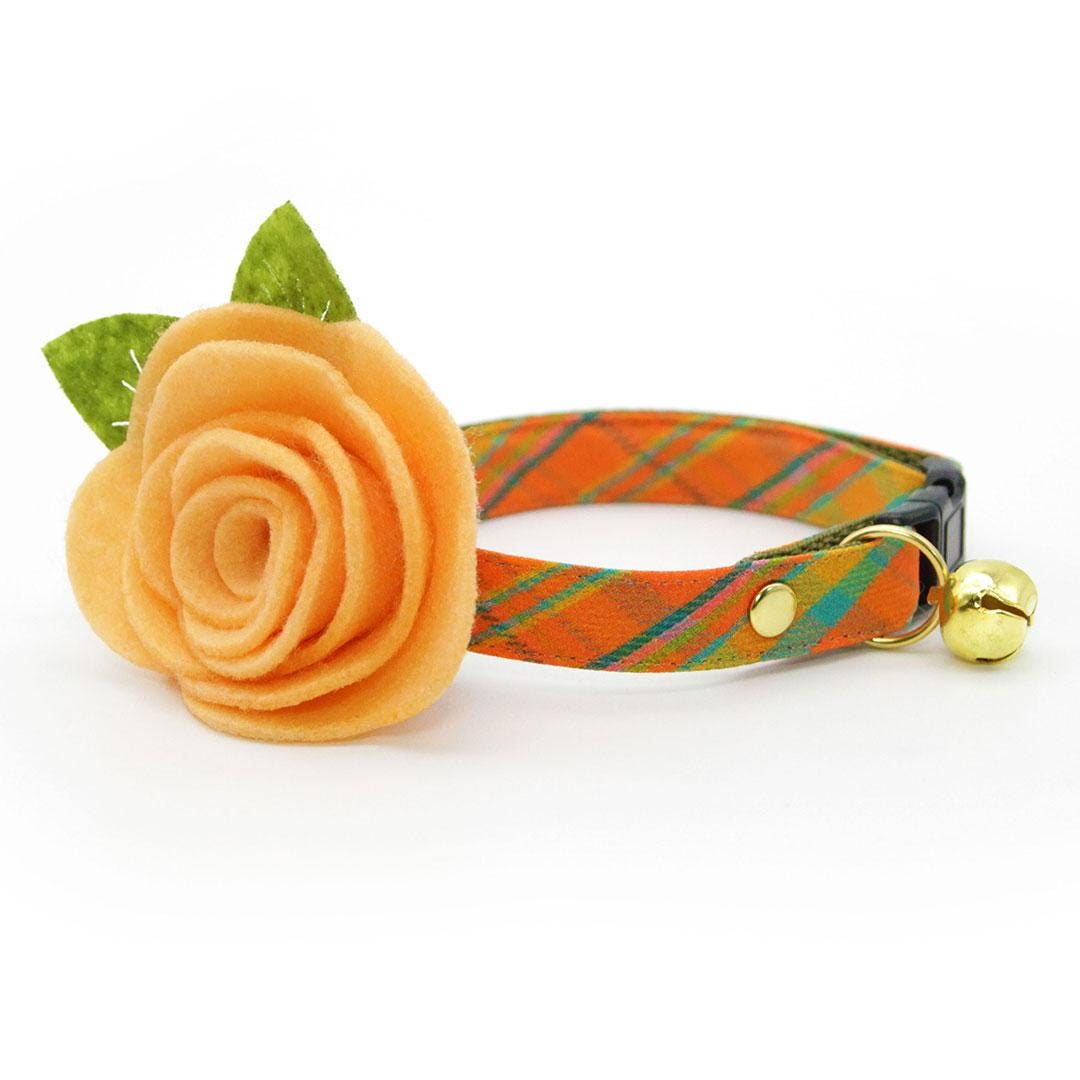 Cat Collar + Flower Set - "Canyon Sunset" - Southwestern Orange Plaid Cat Collar w/ Peach Felt Flower (Detachable) / Cat, Kitten + Small Dog Sizes