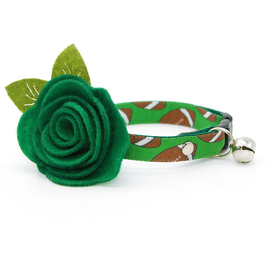Cat Collar + Flower Set - "Football" - Sporty Green Football Cat Collar w/ Clover Green (Detachable) / Cat, Kitten + Small Dog Sizes