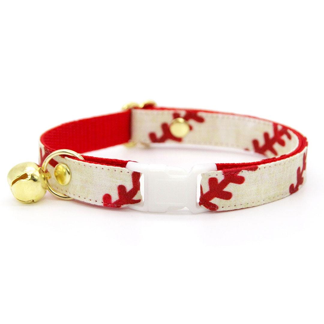 Cat Collar + Flower Set - "Baseball" - Sporty Red Baseball Cat Collar w/ Scarlet Felt Flower (Detachable) / Cat, Kitten + Small Dog Sizes