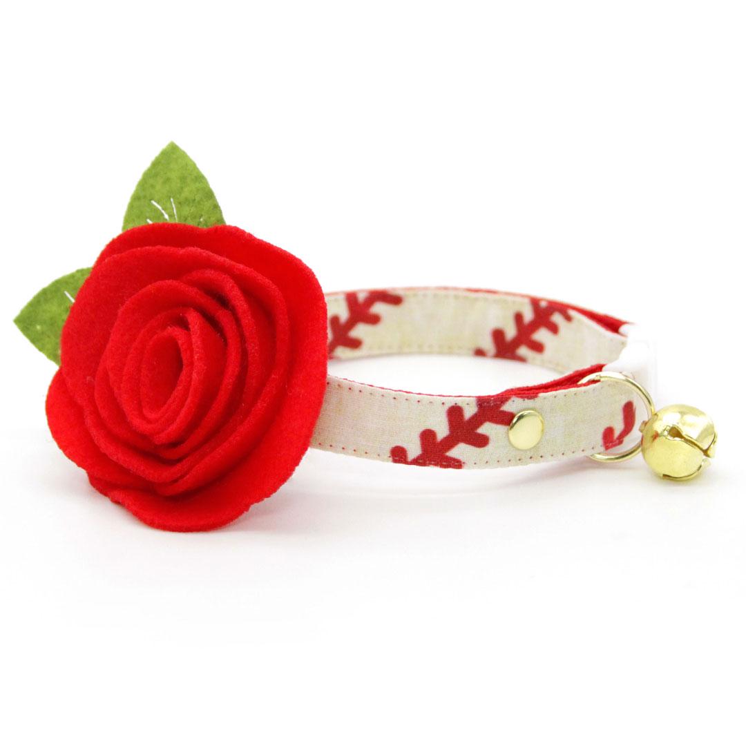 Cat Collar + Flower Set - "Baseball" - Sporty Red Baseball Cat Collar w/ Scarlet Felt Flower (Detachable) / Cat, Kitten + Small Dog Sizes