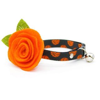 Cat Collar + Flower Set - "Basketball" - Sporty Black Orange Basketball Cat Collar w/ Orange Felt Flower (Detachable) / Cat, Kitten + Small Dog Sizes - Adult Cat (8-13) / Breakaway / Silver