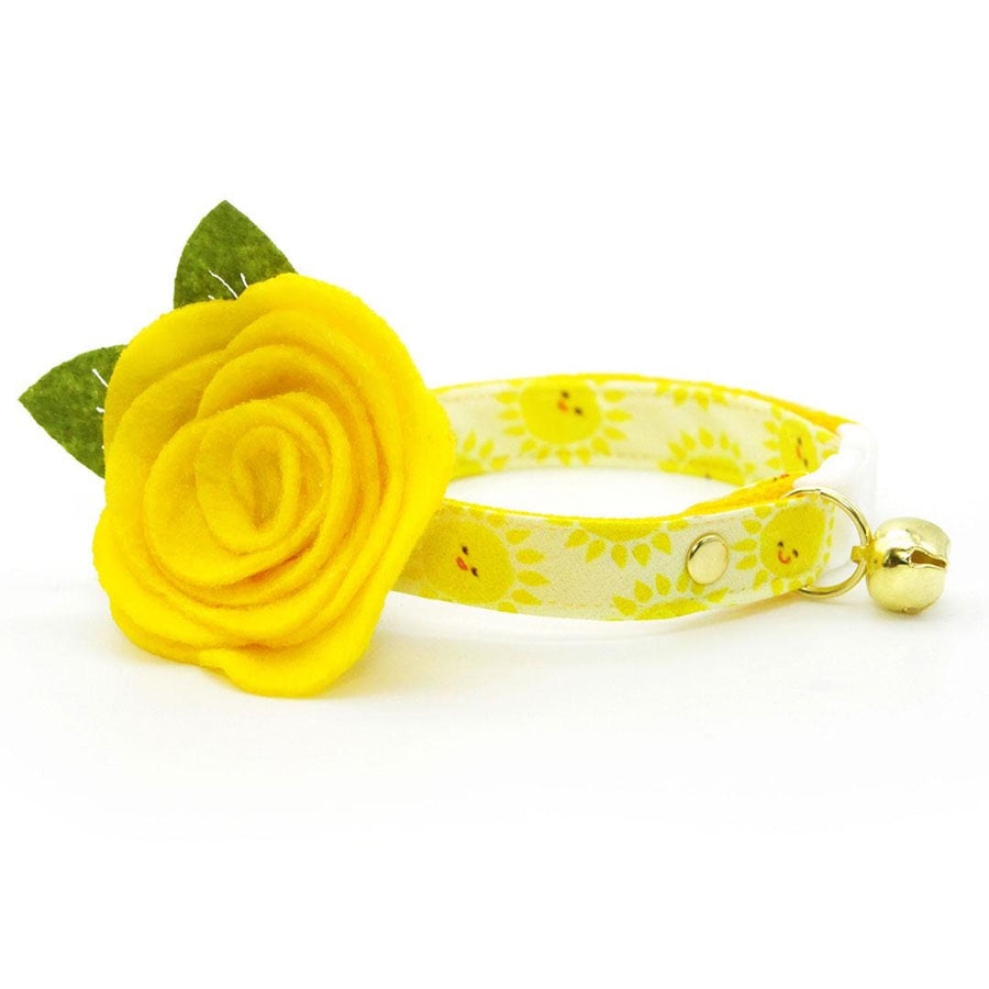 Cat Collar + Flower Set - "Sunshine" - Yellow Smiling Sun Cat Collar w/ Yellow Felt Flower (Detachable) / Cat, Kitten + Small Dog Sizes