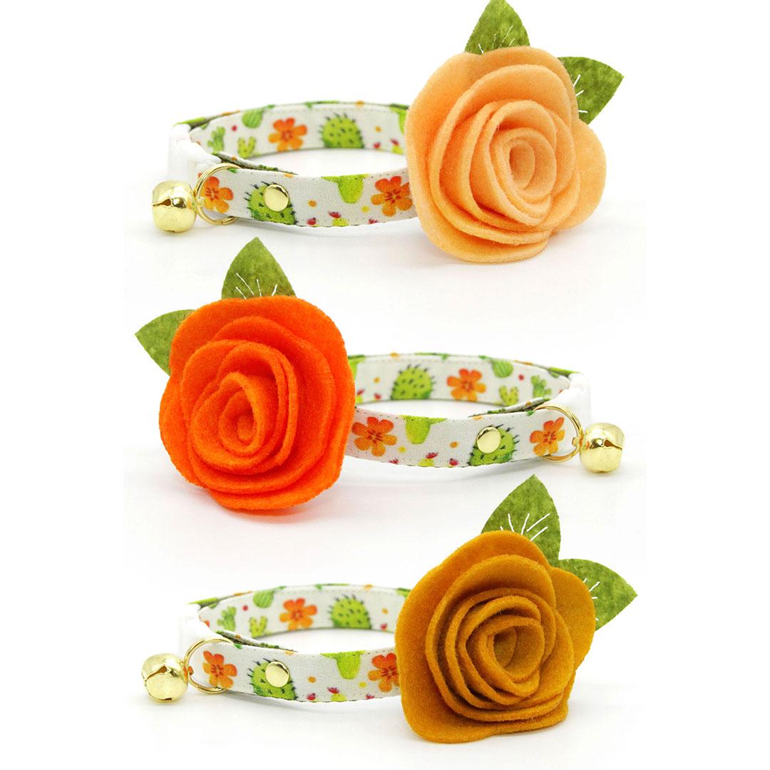 Cat Collar + Flower Set - "Desert Dreams" - Cactus Cat Collar w/ Mustard Felt Flower (Detachable) / Cat, Kitten + Small Dog Sizes