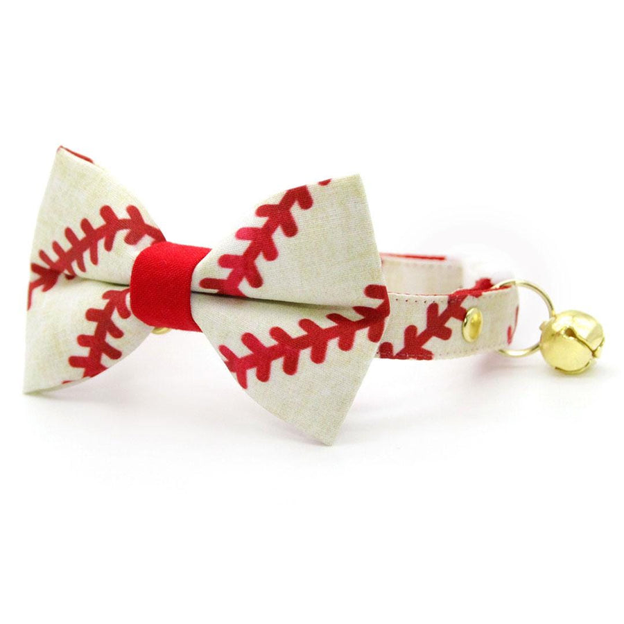 Bow Tie Cat Collar Set - "Baseball" - Red & White Baseball Cat Collar + Matching Bowtie / Summer Sports, Softball, MLB, Little League / Cat, Kitten, Small Dog