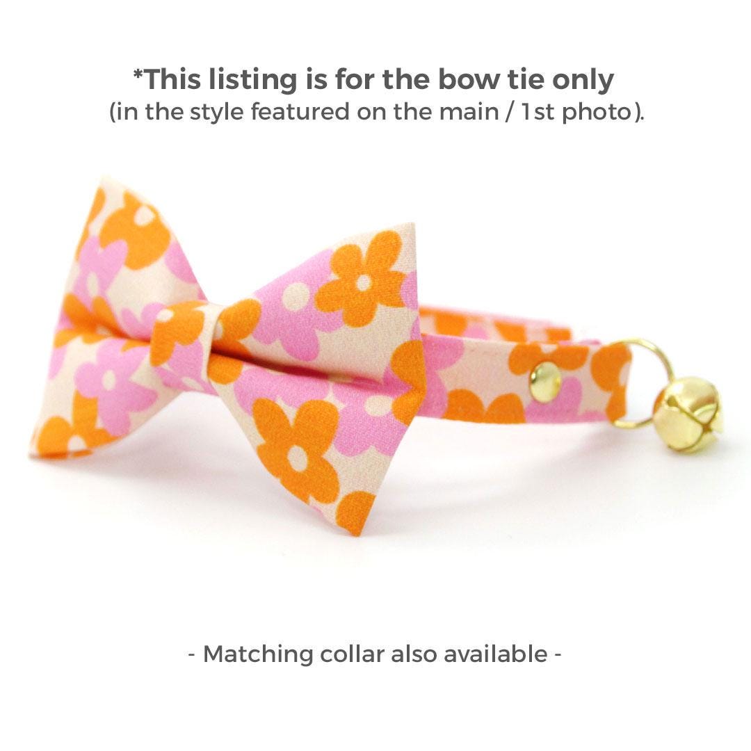 Groovy Cat Bow Tie - "Petal Pop" - Retro Orange Pink Floral Bow Tie for Cat Collar / 60s, Vintage, Flower Child / Cat, Kitten + Small Dog Bowtie