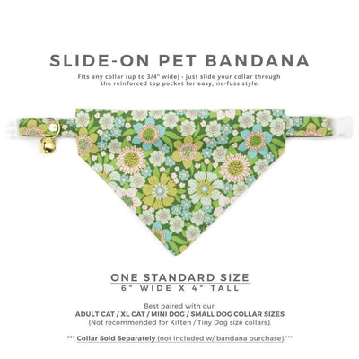 Floral Cat Bandana - "Sage Garden" - Light Green Bandana for Cat + Small Dog / Groovy, 60s, Botanical / Slide-on Bandana / Over-the-Collar