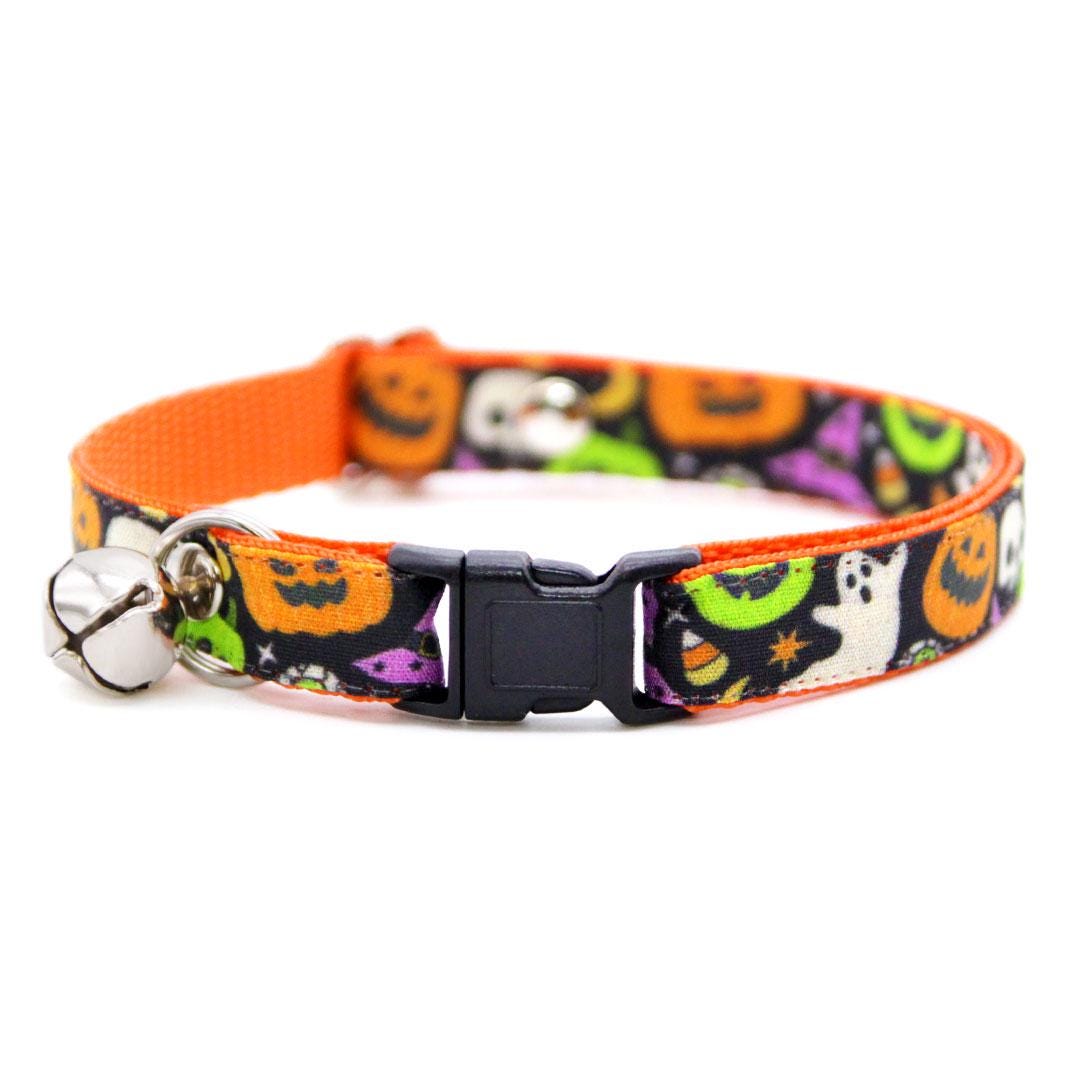 Cat Collar + Flower Set - "Creepy Cuties" - Halloween Cat Collar w/ Orange Felt Flower (Detachable) / Cat, Kitten + Small Dog Sizes