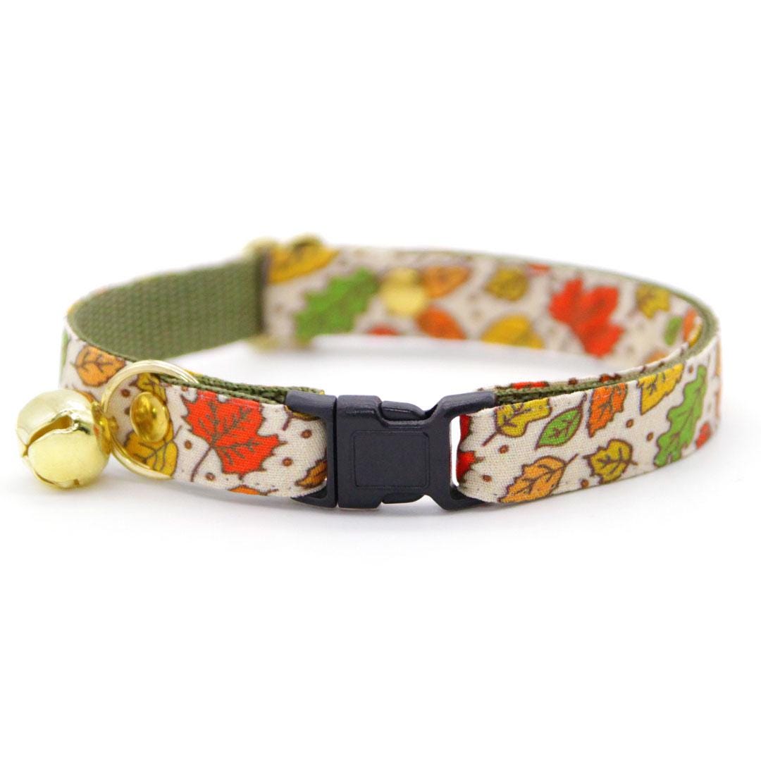 Cat Collar + Flower Set - "Autumn Aura" - Fall Maple Leaf Cat Collar w/ Orange Felt Flower (Detachable) / Cat, Kitten + Small Dog Sizes