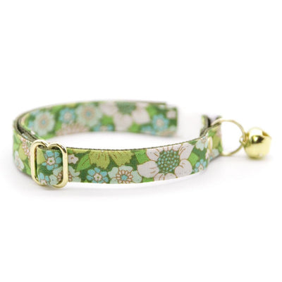 Cat Collar + Flower Set - "Sage Garden" - Floral Light Green Cat Collar w/ Leaf Green Felt Flower (Detachable) / Cat, Kitten + Small Dog Sizes