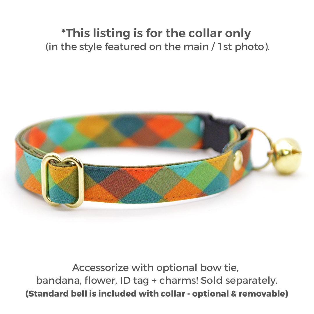Cat Collar - "Twilight Timber" - Green Orange Teal Cabincore Plaid Cat Collar / Fall, Log Cabin, Camping Vibes / Breakaway Buckle or Non-Breakaway / Cat, Kitten + Small Dog Sizes