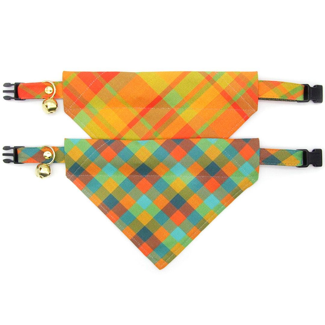 Cat Collar - "Twilight Timber" - Green Orange Teal Cabincore Plaid Cat Collar / Fall, Log Cabin, Camping Vibes / Breakaway Buckle or Non-Breakaway / Cat, Kitten + Small Dog Sizes