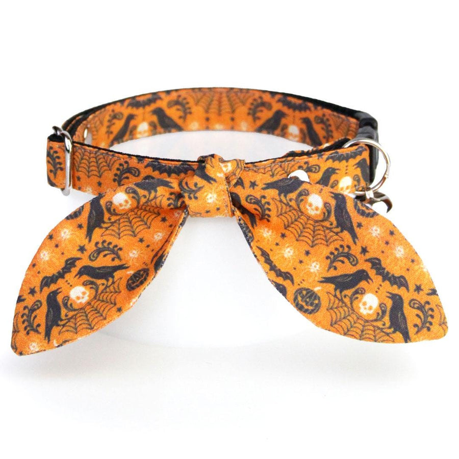 Cat Collar & Bunny Ear Bow Set - "Nevermore" - Halloween Raven Cat Collar w/ Matching Bunny Bow Tie / Edgar Allen Poe, Skull, Spiderweb / Tie-On Scarf / Cat, Kitten + Small Dog Sizes