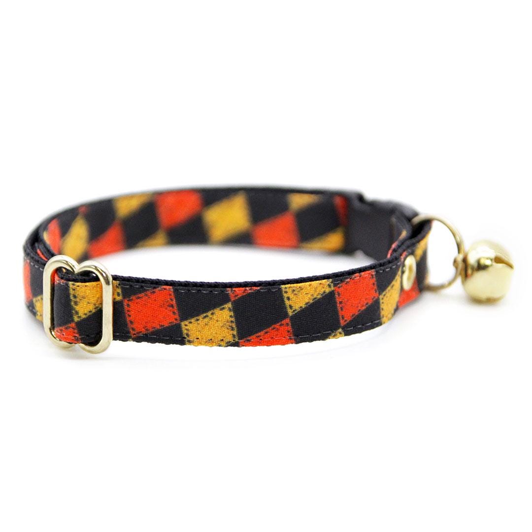 Cat Collar & Bunny Ear Bow Set - "Haunted Harlequin" - Jester Cat Collar w/ Matching Bunny Bow Tie / Halloween, Joker, Carnival / Tie-On Scarf / Cat, Kitten + Small Dog Sizes