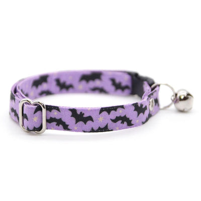 Cat Collar & Bunny Ear Bow Set - "Batty Babe - Purple" - Spooky Cute Lilac Halloween Bat Cat Collar w/ Matching Bunny Bow Tie / Tie-On Scarf / Cat, Kitten + Small Dog Sizes