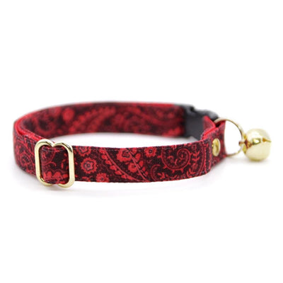 Cat Collar & Bunny Ear Bow Set - "Tapestry" - Fall Burgundy Red Paisley Cat Collar w/ Matching Bunny Bow Tie / Fall, Thanksgiving, Holiday / Tie-On Scarf / Cat, Kitten + Small Dog Sizes