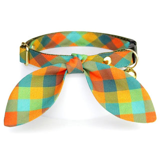 Cat Collar & Bunny Ear Bow Set - "Twilight Timber" - Plaid Cat Collar w/ Matching Bunny Bow Tie / Fall, Cabincore / Tie-On Scarf / Cat, Kitten + Small Dog Sizes - Kitten (6-10) / Breakaway / Gold