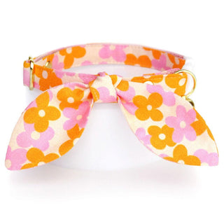 Cat Collar & Bunny Ear Bow Set - "Petal Pop" - Orange Pink Floral Cat Collar w/ Matching Bunny Bow Tie / Fall, Spring, Summer / Tie-On Scarf / Cat, Kitten + Small Dog Sizes - Kitten (6-10) / Breakaway / Gold