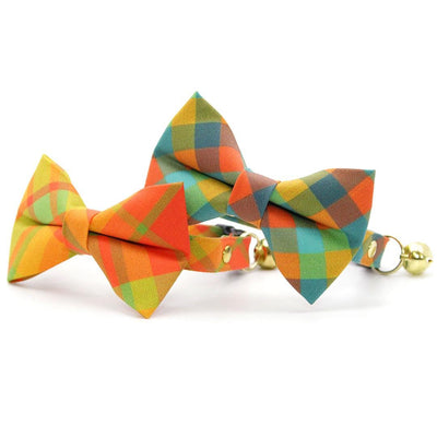 Fall Bow Tie Cat Collar Set - "Cider Hill" - Red Green Orange Plaid Cat Collar with Bow Tie / Autumn, Thanksgiving / Cat, Kitten, Small Dog Sizes