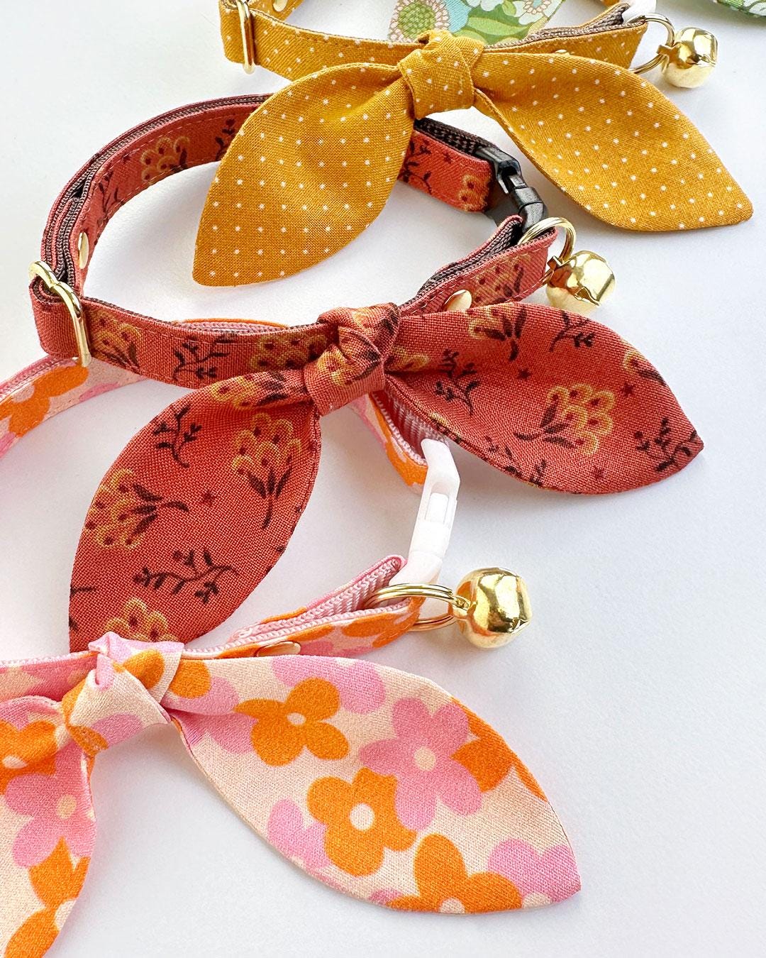 Cat Collar & Bunny Ear Bow Set - "Petal Pop" - Orange Pink Floral Cat Collar w/ Matching Bunny Bow Tie / Fall, Spring, Summer / Tie-On Scarf / Cat, Kitten + Small Dog Sizes