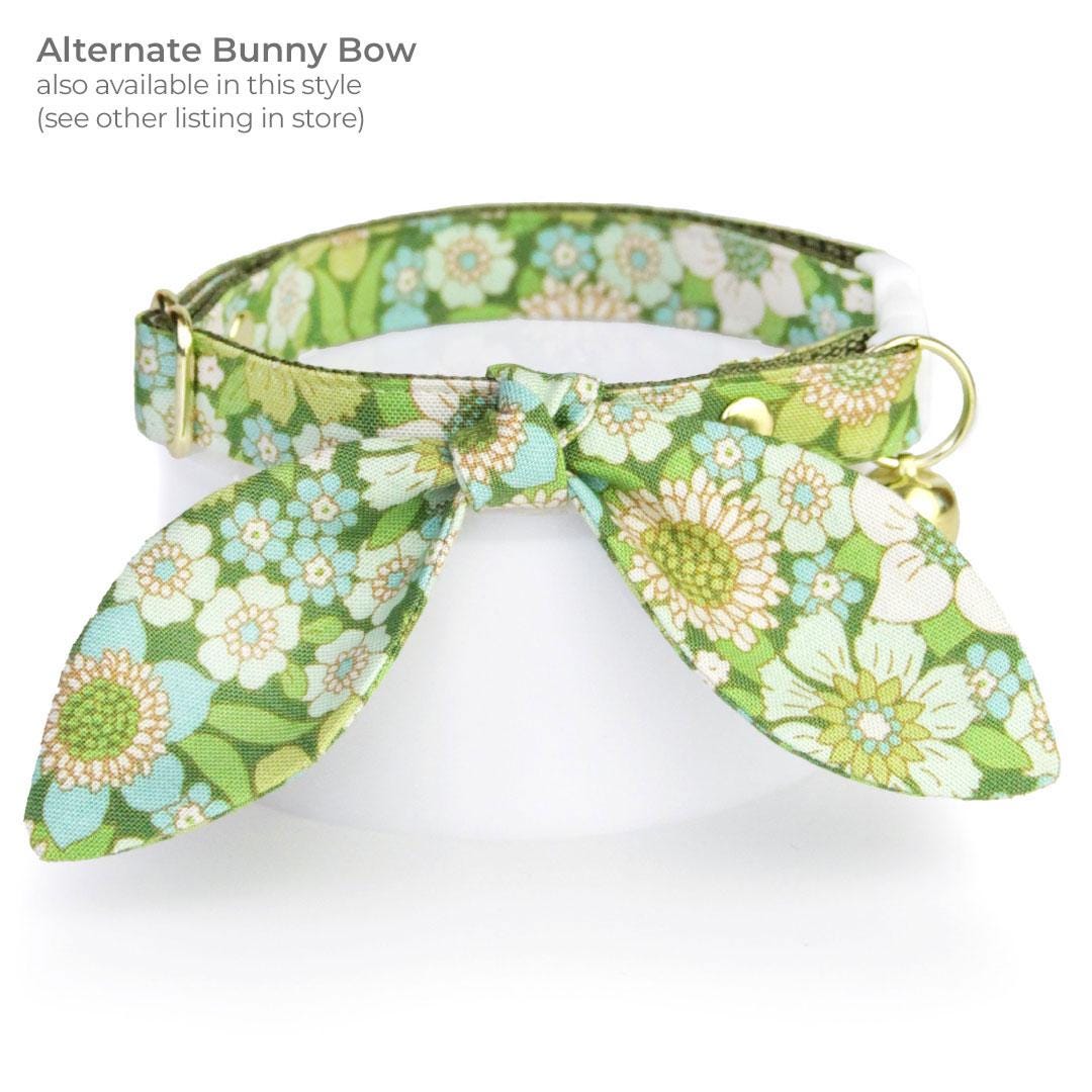 Retro Floral Cat Bow Tie - "Sage Garden" - Groovy 60s Green Bow Tie for Cat Collar / Botanical, Spring / Cat, Kitten + Small Dog Bowtie