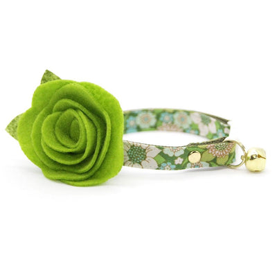 Cat Collar + Flower Set - "Sage Garden" - Floral Light Green Cat Collar w/ Leaf Green Felt Flower (Detachable) / Cat, Kitten + Small Dog Sizes
