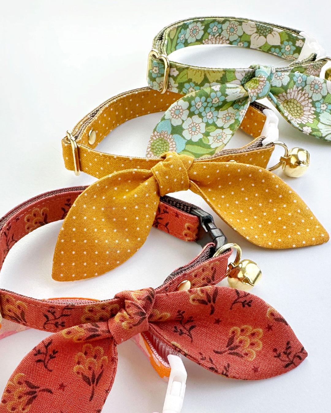 Cat Collar & Bunny Ear Bow Set - "Prairie Bloom" - Rust Red Cat Collar w/ Matching Bunny Bow Tie / Fall + Thanksgiving / Tie-On Scarf / Cat, Kitten + Small Dog Sizes