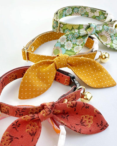 Cat Collar & Bunny Ear Bow Set - "Prairie Bloom" - Rust Red Cat Collar w/ Matching Bunny Bow Tie / Fall + Thanksgiving / Tie-On Scarf / Cat, Kitten + Small Dog Sizes