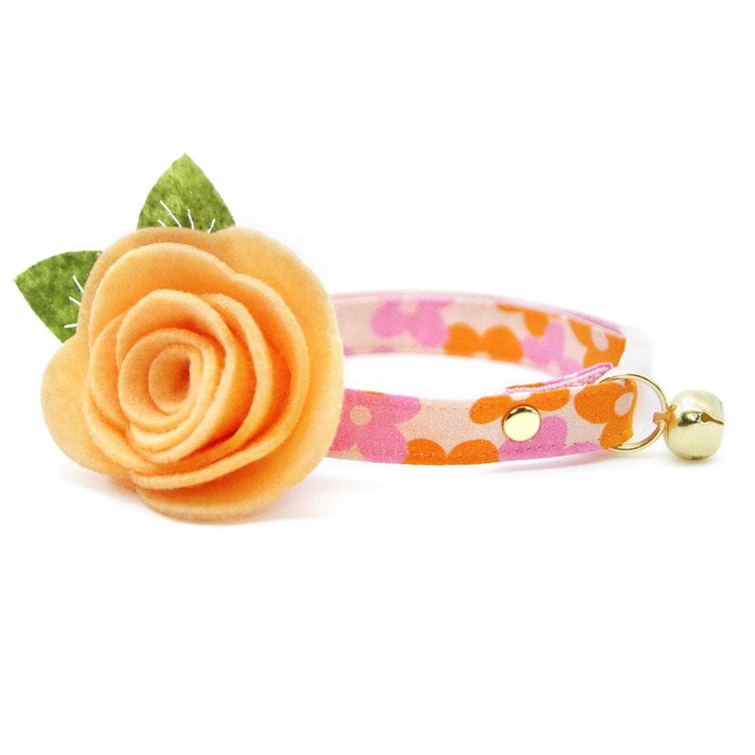 Cat Collar + Flower Set - "Petal Pop" - Groovy Floral Orange Pink Cat Collar w/ Peach Felt Flower (Detachable) / Cat, Kitten + Small Dog Sizes