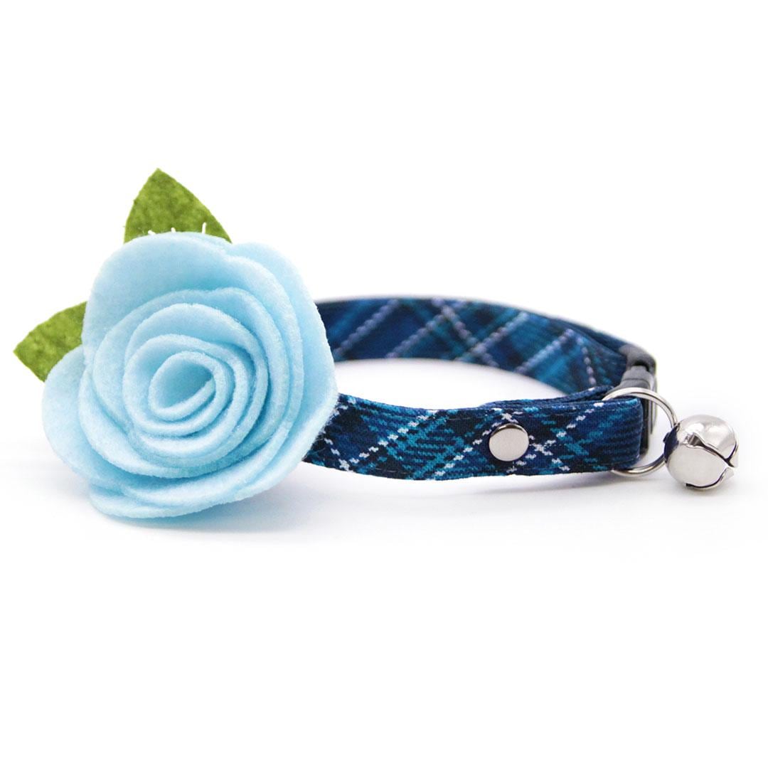 Cat Collar + Flower Set - "Echo Peak" - Blue Plaid Cat Collar w/ Sky Blue Felt Flower (Detachable) / Cat, Kitten + Small Dog Sizes