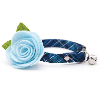 Cat Collar + Flower Set - "Echo Peak" - Blue Plaid Cat Collar w/ Sky Blue Felt Flower (Detachable) / Cat, Kitten + Small Dog Sizes