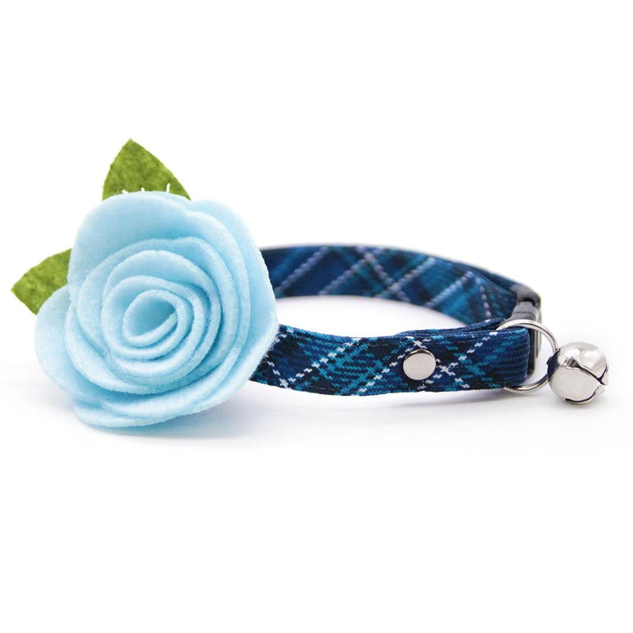 Cat Collar + Flower Set - "Echo Peak" - Blue Plaid Cat Collar w/ Sky Blue Felt Flower (Detachable) / Cat, Kitten + Small Dog Sizes