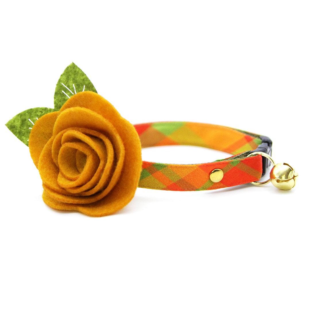 Cat Collar + Flower Set - "Cider Hill" - Autumn Plaid Cat Collar w/ Mustard Felt Flower (Detachable) / Cat, Kitten + Small Dog Sizes
