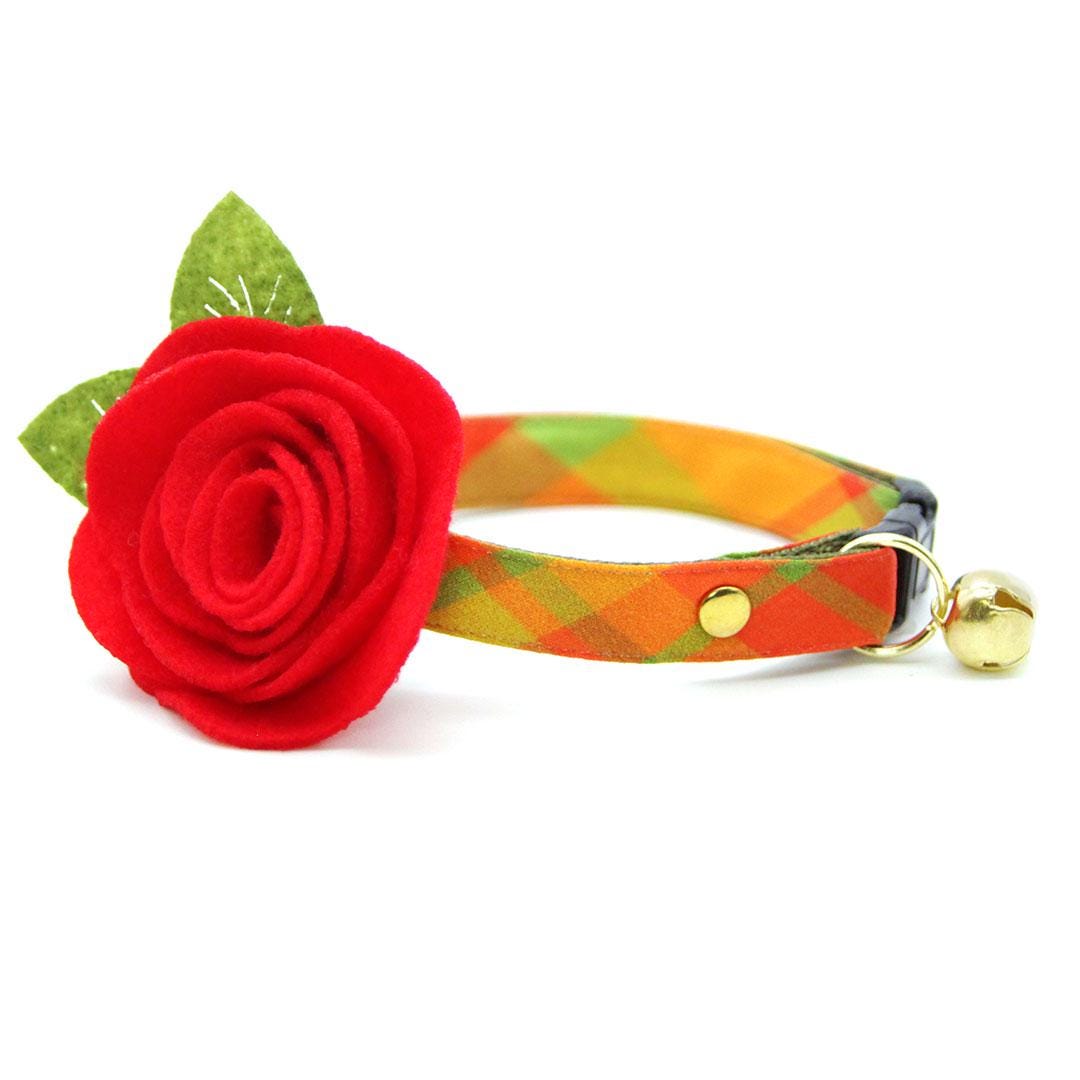 Cat Collar + Flower Set - "Cider Hill" - Fall Plaid Cat Collar w/ Red Felt Flower (Detachable) / Cat, Kitten + Small Dog Sizes