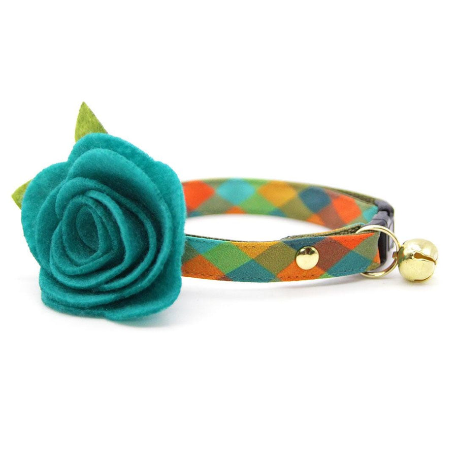 Cat Collar + Flower Set - "Twilight Timber" - Fall Plaid Cat Collar w/ Teal Felt Flower (Detachable) / Cat, Kitten + Small Dog Sizes