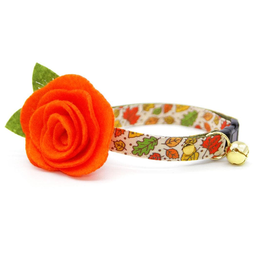 Cat Collar + Flower Set - "Autumn Aura" - Fall Maple Leaf Cat Collar w/ Orange Felt Flower (Detachable) / Cat, Kitten + Small Dog Sizes